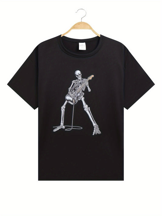 Happy Skeleton Guitar Guy Men's Casual Short Sleeve Crew Neck T-Shirt Men's Tee Outfits Summer Clothing