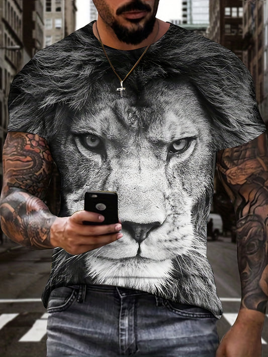 Animal Theme 3D Digital Fierce Lion Pattern Print Graphic T-shirts, Causal Tees, Short Sleeves Comfortable Pullover Tops, Men's Summer Clothing