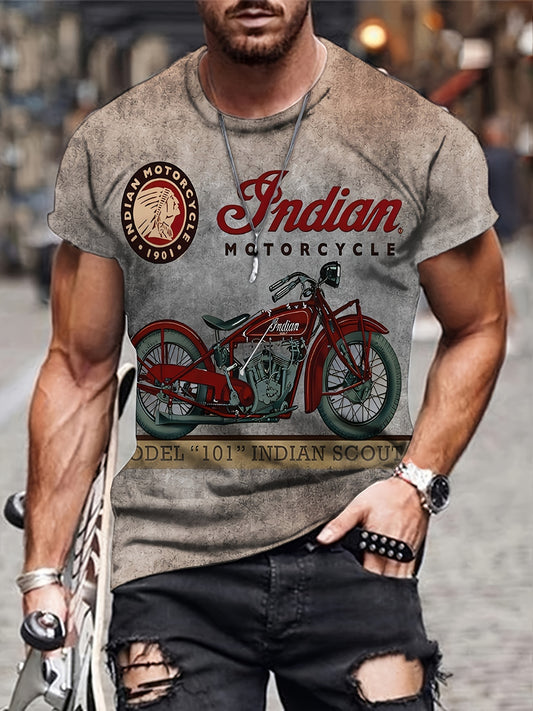 Retro Style Motorcycle Print, Men's Graphic T-shirt, Casual Comfy Tees For Summer, Mens Clothing
