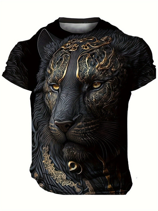 Men's Stylish Tiger Pattern Shirt, Casual Slightly Stretch Breathable Crew Neck Short Sleeve Tee Top For City Walk Street Hanging Outdoor Activities